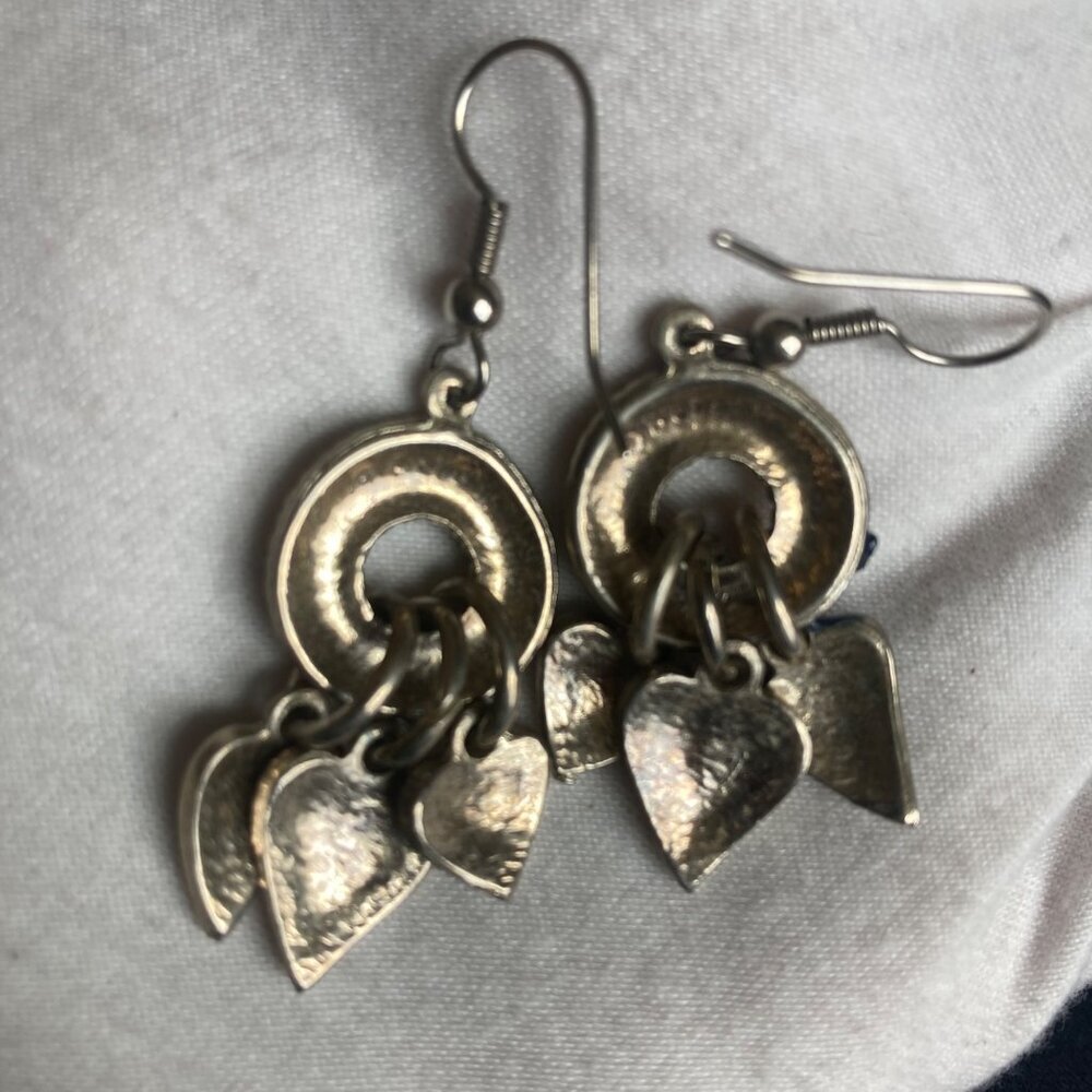 Silver Heart Dangle Earrings Blue Enamel Rhinestone Detail Signed on Back - Picture 6 of 7